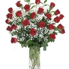 Red roses arranged in a clear glass vase with white filler flowers