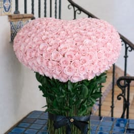 Large pink rose arrangement with a black ribbon tie