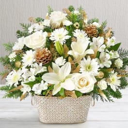 White flowers arranged in a decorative basket with pinecones and greenery