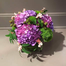 Purple hydrangea arrangement with green accents in a square vase