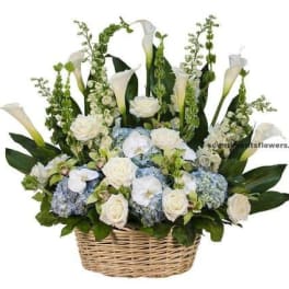 White calla lilies and roses with blue hydrangeas in a wicker basket
