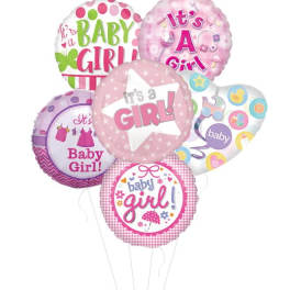 Cluster of pink baby girl balloons with celebratory text