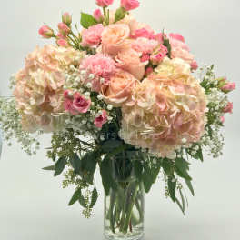 Tall glass vase of blush hydrangeas, pink roses, carnations, and baby’s breath in a soft pastel arrangement