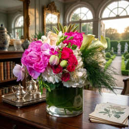 Pink and white floral arrangement in a glass vase on a wooden table