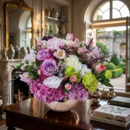 Large mixed bouquet of pink, purple, white, and green flowers in a round vase