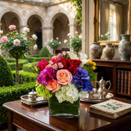Colorful bouquet of roses, calla lilies, and hydrangeas in a glass vase