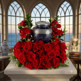 Red roses arranged around a blue urn on a pedestal