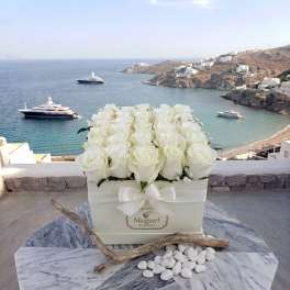 White roses arranged in a cream box with a ribbon