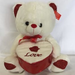 White teddy bear with red accents holding a heart-shaped box with the word Love on the front