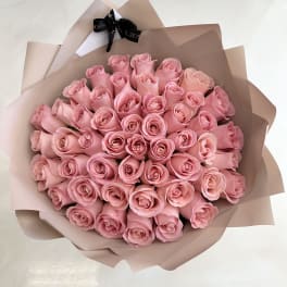 Bouquet of pink roses wrapped in blush paper
