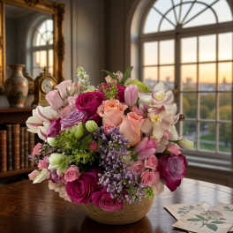Mixed pink and purple flower arrangement in a round vase
