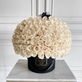 Large bouquet of cream roses in a black hatbox