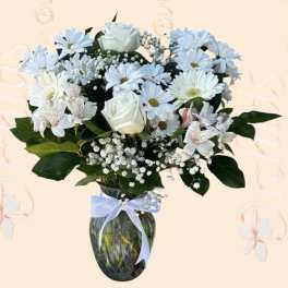 Brilliant White Roses Gerbera Daisy Bouquet | Same-Day Orange County Flower Delivery