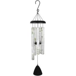 Black hanging wind chime with clear tubes and a bell-shaped clapper