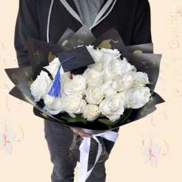 Luxury White Premium Roses Graduation Bouquet | Hand-Wrapped Flower Delivery in Orange County