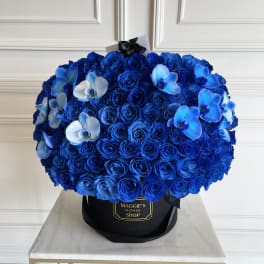 Blue rose bouquet with white and blue orchids in a black hat box