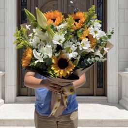 Sunflower & Casablanca Lily Hand Wrapped Bouquet