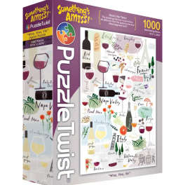 Puzzle box with wine glasses, bottles, and travel-themed illustrations
