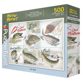 Boxed 500-piece fish-themed puzzle with illustrated fish and fishing lures