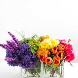 Two colorful flower arrangements in clear square vases
