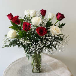 White and Red dozen in a vase