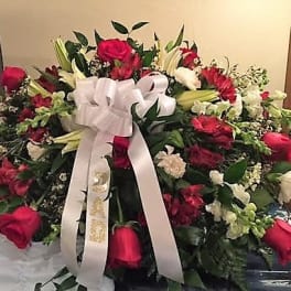 red and white casket piece