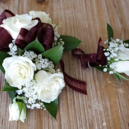 Prom Wrist Corsage & Boutonniere Set - Maroon Ribbon & White Flowers