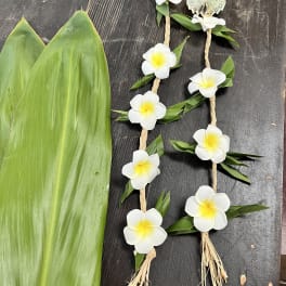 Two floral garlands with white plumeria flowers and green leaves on a dark surface