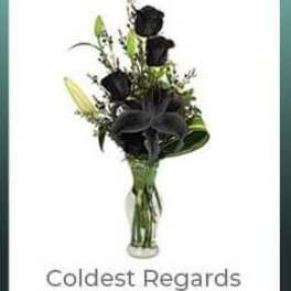 Black roses in a clear glass vase with the words "Coldest Regards" below