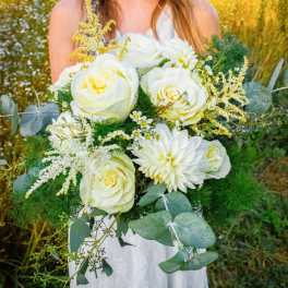 White rose and dahlia bouquet with eucalyptus and small filler flowers