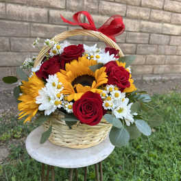 Sunflowers & Red Roses Basket