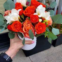 Compact orange and white rose arrangement in a white pot held outside a flower shop