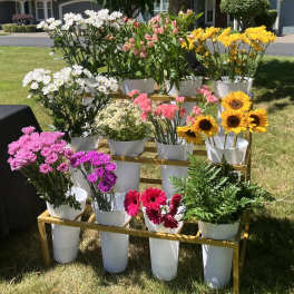 Tiered display of potted chrysanthemums and gerbera daisies in white containers