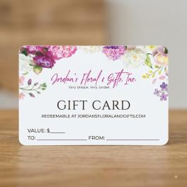 Floral gift card with pink and purple blossoms around the border