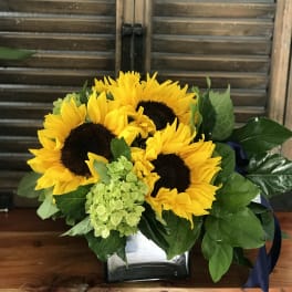 Sunflower bouquet with green hydrangea in a glass vase