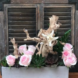 Pink roses and succulents arranged with driftwood in a white planter
