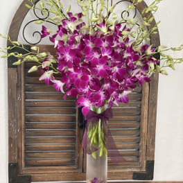Purple orchids arranged in a tall glass vase with a ribbon.