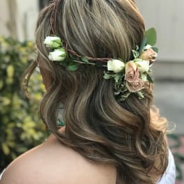 Floral hair wreath with white and blush roses on braided twine