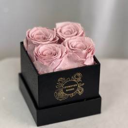 Four pale pink roses in a black gift box