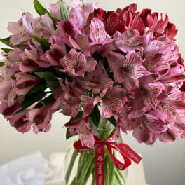 Pink alstroemeria bouquet in a glass vase with a red ribbon