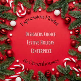 Holiday graphic with pine branches, candy canes, and red ornaments around text