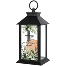 Black lantern with a memorial quote and floral print insert