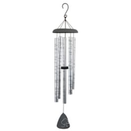 Silver wind chime with hanging metal tubes and a clapper