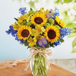 Bouquet of sunflowers, blue flowers, and yellow blooms in a glass vase