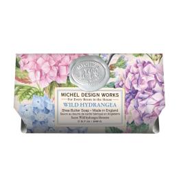 Wrapped bar of Wild Hydrangea soap with floral packaging