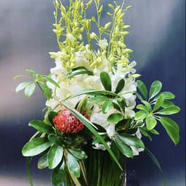 White orchids in a clear glass vase with green foliage and a red accent bloom
