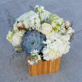 White floral arrangement with a blue succulent in a wooden box