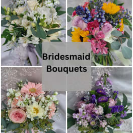 Collage of four bridesmaid bouquets in white, pink, yellow, and purple.