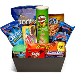 Gift basket filled with assorted snack bags and candy bars