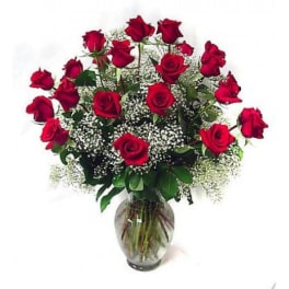 Red roses arranged in a glass vase with baby's breath